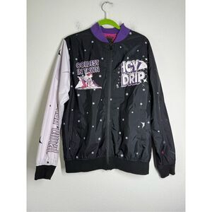 Jewel House Coldest in Town Embellished Black Purple Bomber Jacket Sz M See Note